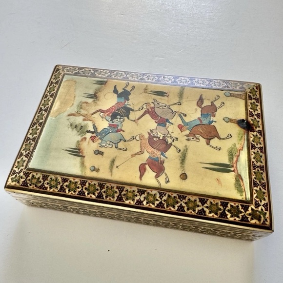 Vintage Persian Khatam Marquetry Polo Players Trinket Jewelry Box 6.5”x 4” - Picture 5 of 14